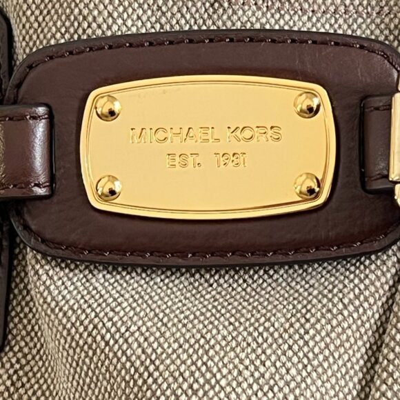 MICHAEL KORS Gansevoort Natural Hemp Canvas Mocha Brown Leather Shoulder Bag - Picture 5 of 9